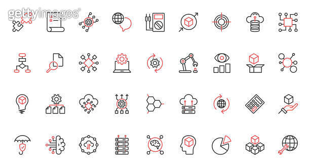 AI, machine learning and science trendy red black thin line icons set ...