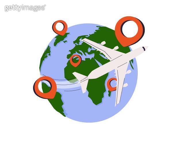 Around the world travelling by plane, airplane trip in various country ...
