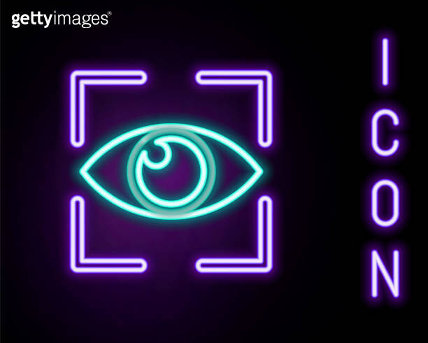 Glowing neon line Eye scan icon isolated on black background. Scanning ...