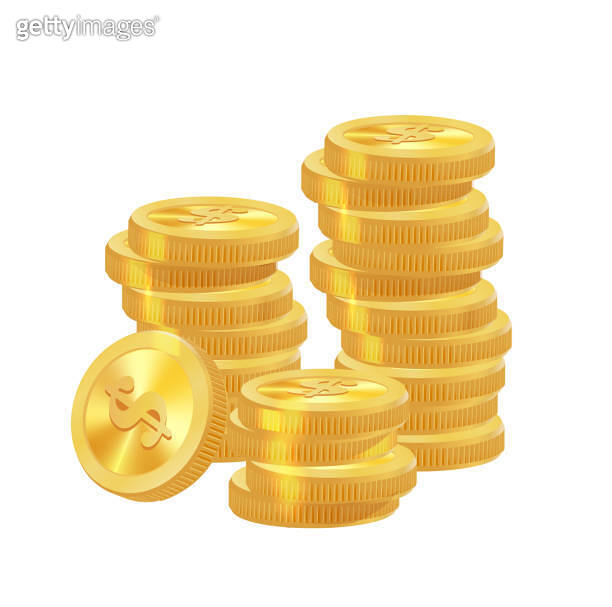 Realistic golden coins pile. Stacks of gold money, cash or treasure ...