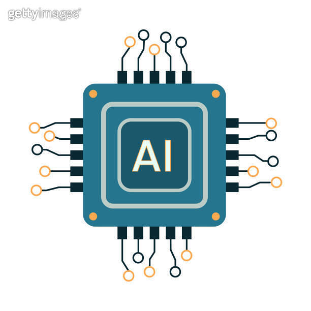 Vector computer electronic chip AI icon. Microchip processor artificial ...
