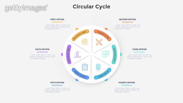 Circular paper white pie diagram divided into six sectors. Concept of 6 ...