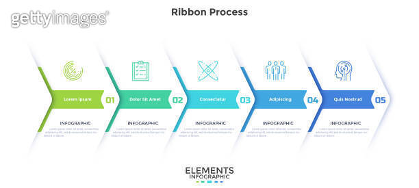 Progress bar with 5 overlaying paper white arrows placed in horizontal ...