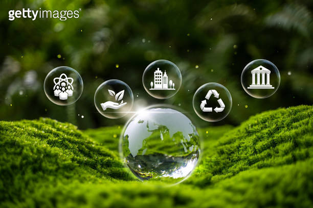 Crystal globe placed on moss. ESG icon for environment. Society and ...