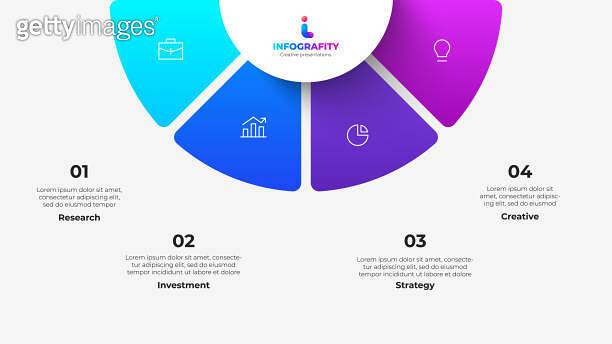 Semicircle pie chart divided into 4 parts. Concept of four features of ...