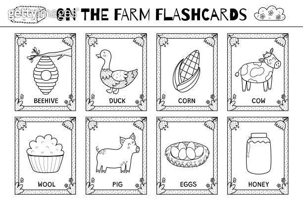 Farm flashcards black and white collection with cute characters. Flash ...