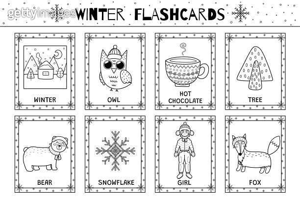 Winter flashcards black and white collection for kids. Flash cards set ...