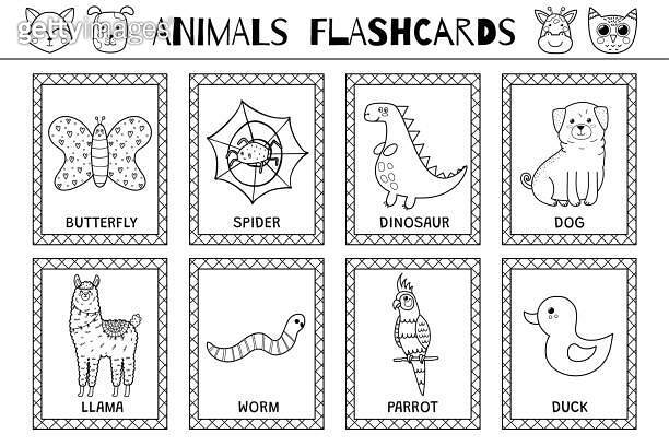 Animals flashcards black and white collection for kids. Flash cards set ...