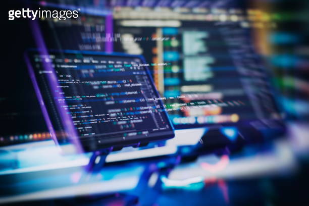 Working atmosphere of a programmer at home, background. Programming ...