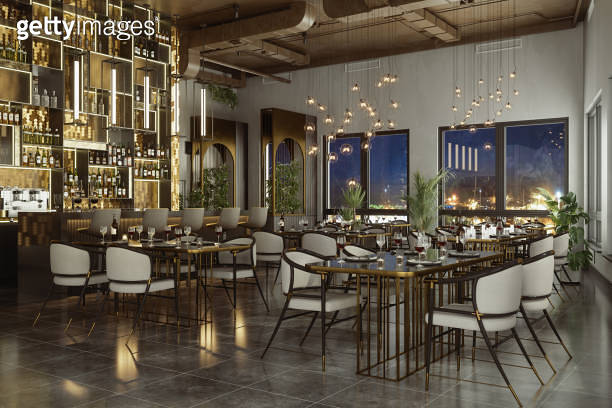 Luxury Restaurant Interior At Night With Dining Tables, Potted Plants ...