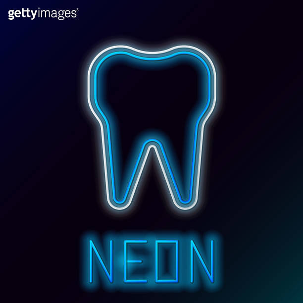 Glowing neon line Tooth icon isolated on black background. Tooth symbol ...