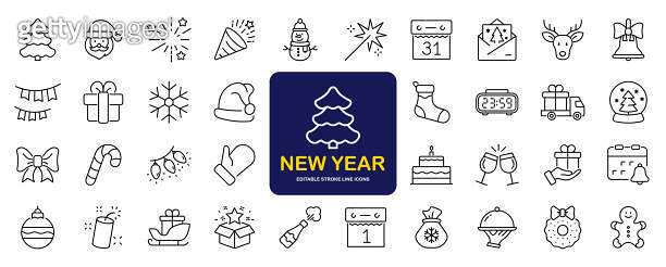 New year holiday set of web icons in line style. Merry Christmas and ...