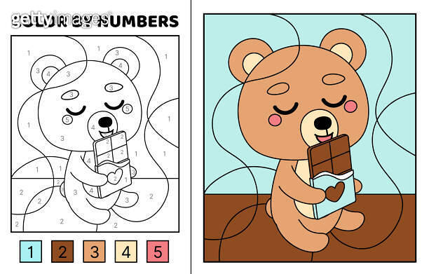 Color by number. Little bear and chocolate. Coloring page. Game for ...
