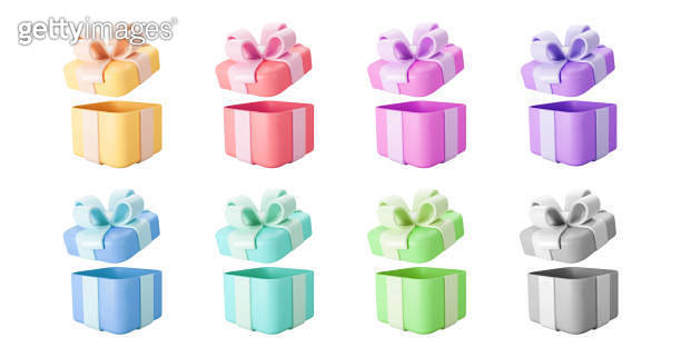 3d color open gift boxes set with pastel ribbon bow isolated on a white ...
