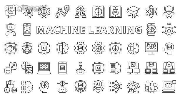 Machine learning icons line design blue. Machine, learning, ai, ml ...