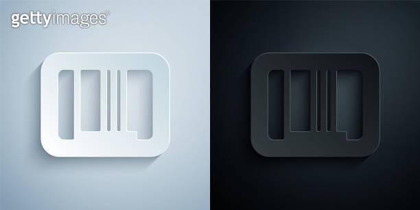Paper cut Barcode icon isolated on grey and black background. Paper art ...