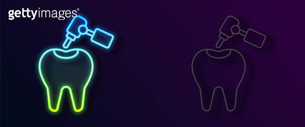 Glowing neon line Tooth with caries and tooth drill icon isolated on ...