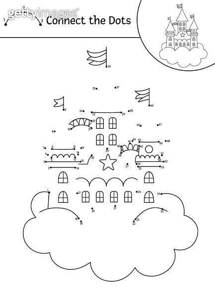 Vector dot-to-dot and color activity with unicorn castle on cloud ...