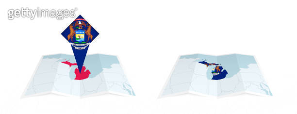 Two versions of an Michigan folded map, one with a pinned country flag ...