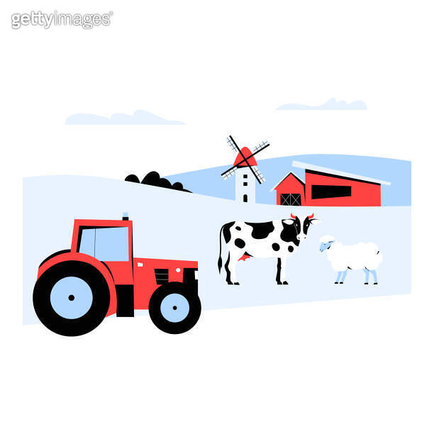 Rural Farm With Tractor, Cow, And Sheep In Flat Vector Illustration ...