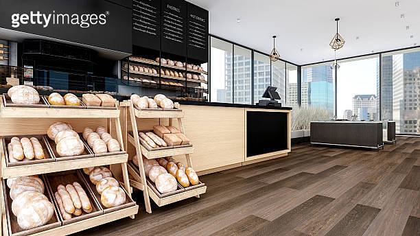 Modern Bakery Shop and Cafe Interior with Bread Display and Coffee ...
