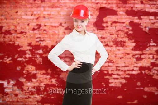 Engineer woman architect in red safety helmet and wall 이미지 (466485029 ...
