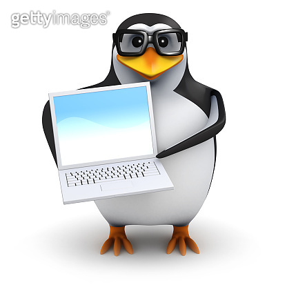 3d Penguin holding up his new laptop pc (520792283) - 게티이미지뱅크