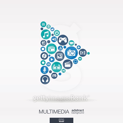 Multimedia icons in play button shape abstract background: vector ...
