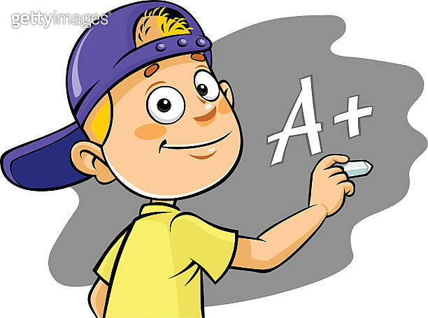 Cartoon kid writing A+ grade (491924542) 일러스트, 무료 일러스트 - 게티이미지뱅크