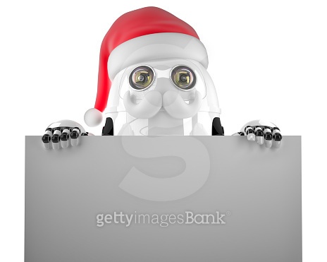 Robot Santa holding a blank sign. Isolated. Contains clipping path ...