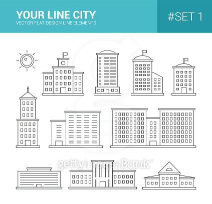 Set of line flat design buildings icons. Skyscrapers, goverment 이미지 ...