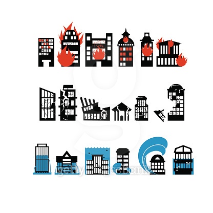 Disaster R Bank Building Icon Silhouettes of buildings from natural disasters. Destruction of 이미지 ...