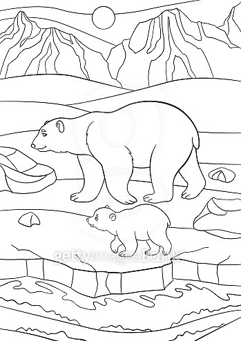 Coloring pages. Mother polar bear walks with her baby. 이미지 (597633104 ...