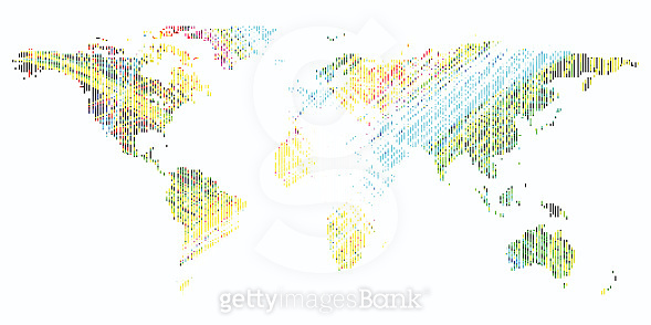 Colorful background with dotted world map, abstract waves, lines ...