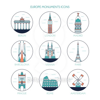 Europe monuments icons skyline. Vector line illustration. Line style ...