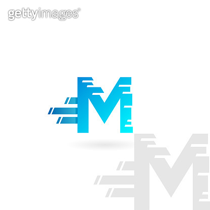 Letter M logo. Blue distorted vector icon. Speed concept font. 이미지 ...