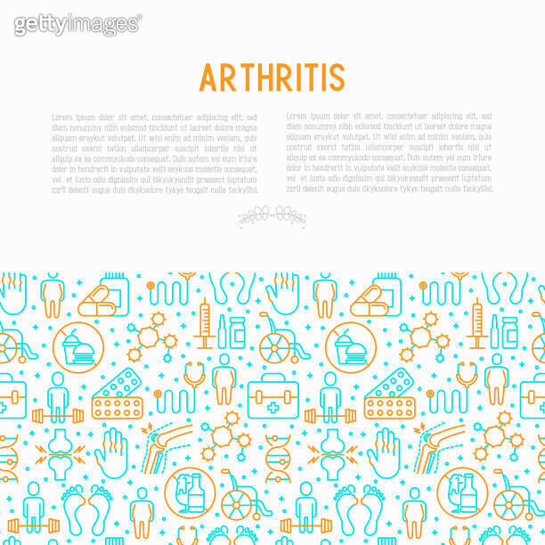 Arthritis concept with thin line icons of symptoms and treatments pain