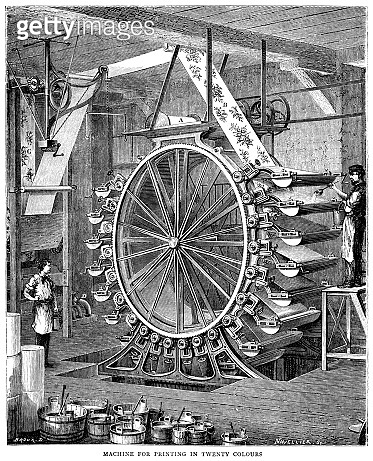 Wallpaper printing machine for twenty colours (Victorian engraving) 이미지 ...
