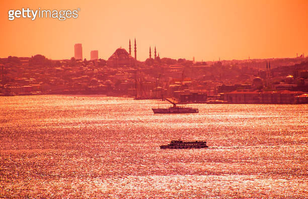 Traditional cityview of european side old town silhouette by bosphorus ...