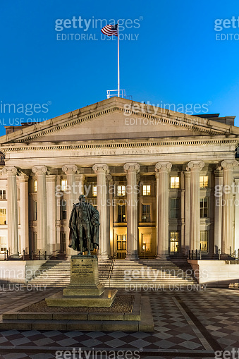 Department of Treasury building with sculpture of Albert Gallatin