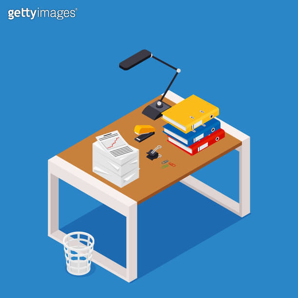 Busy cluttered office table. Hard work. Office interior with books, folders, papers and letters