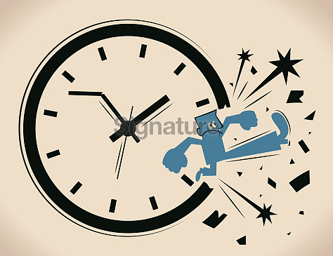 Breaking Routine Symbol Picture Breaking the time pressure. Businessman (man) breaking through a clock ...