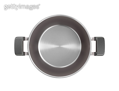 Stainless steel cooking pot, top view isolated over white background ...
