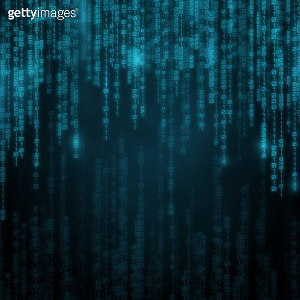 Falling blue numbers with bright flashes. Abstract technology ...