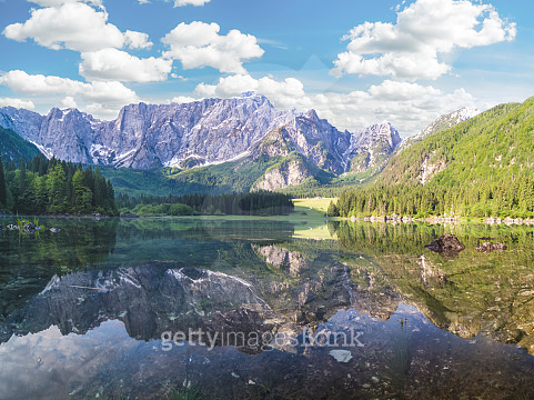 Mountain lake in the morning, Laghi di Fusine in the Julian Alps, Italy ...