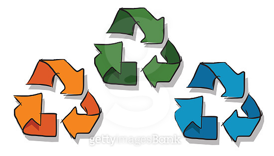 recycle icon in sketch three color orange green and blue 이미지 (695561424 ...