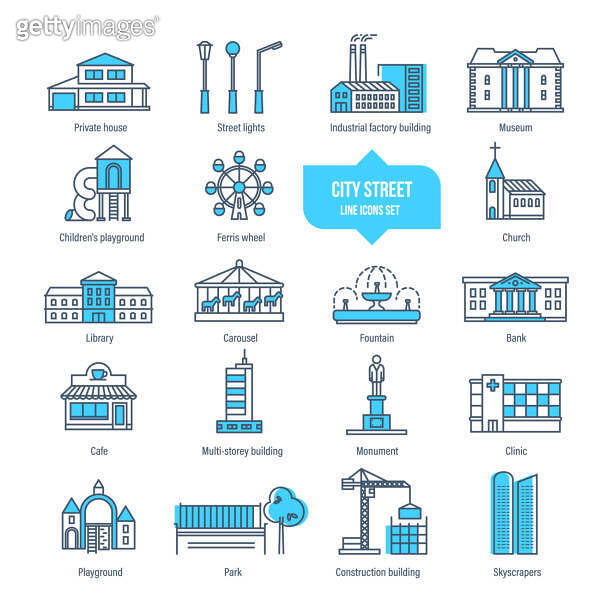 City street thin line icons, pictogram, symbol set. Buildings ...