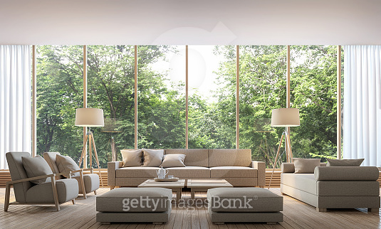 Modern living room with nature view 3d rendering Image 이미지 (654710304 ...