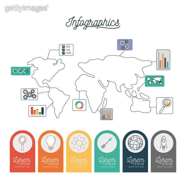 infographic world map with labels with icons on circles on bottom ...