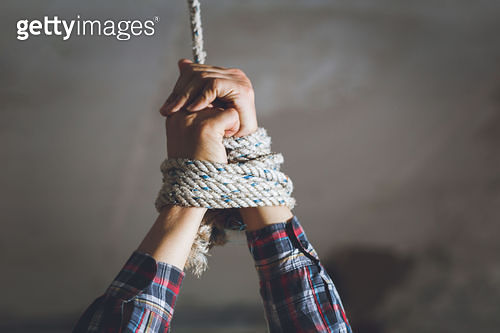 Helpless young man hands tied with rope, Missing kidnapped, Hostage ...